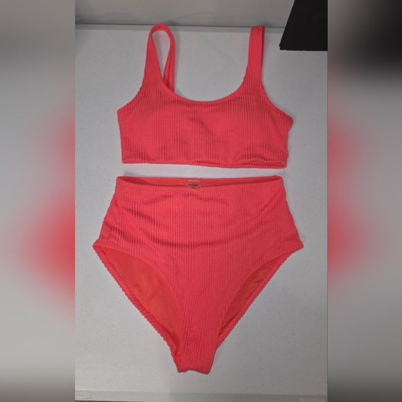 Old Navy Coral Tropics Ribbed High-Waist Hi-Coverage Bikini Set Size M - Picture 9 of 16